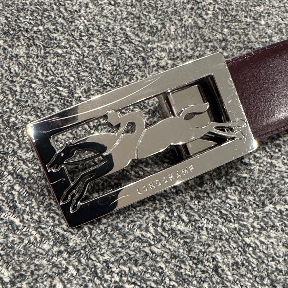Longchamp Men's Belt with Silver Buckle and Dark Brown Leather